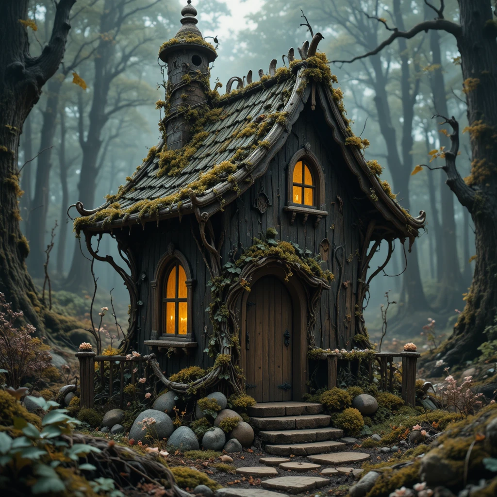Casa-biblioteca de fadas sombria e fantasiosa na floresta encantada