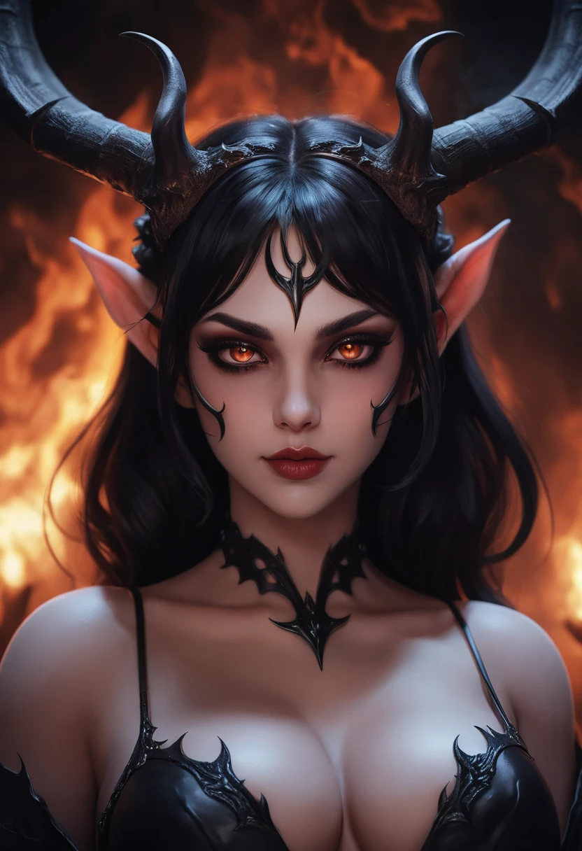 Demone donna anime con corna e smokey eyes in cupo paesaggio infernale
