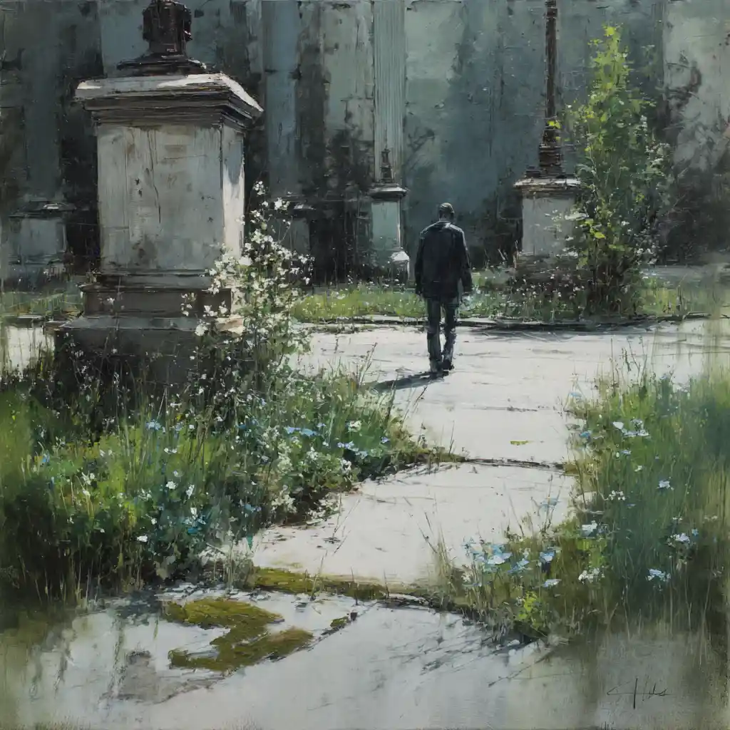 Solitary operative crossing an overgrown abandoned town square