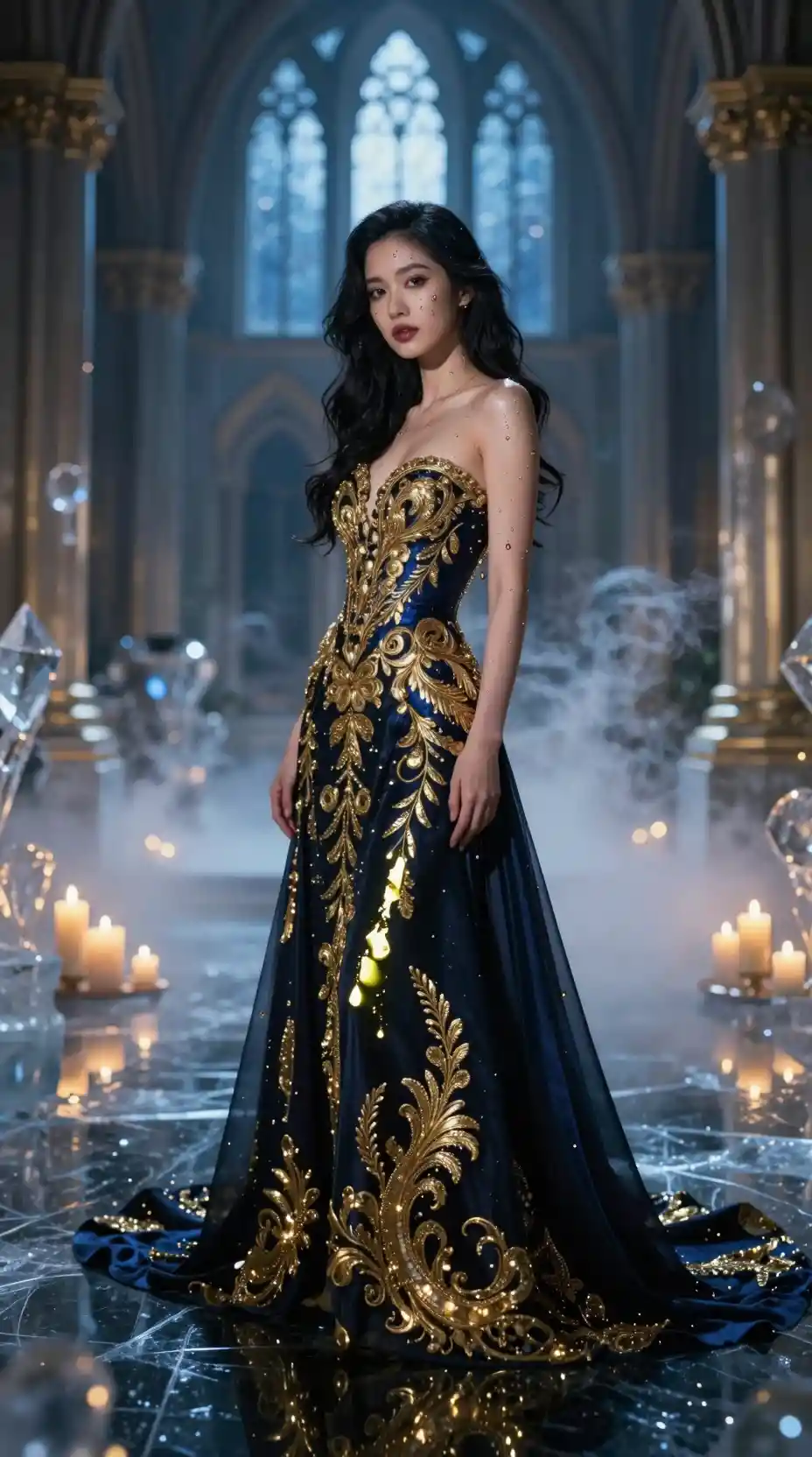 Young woman in sapphire gown on reflective dark ice