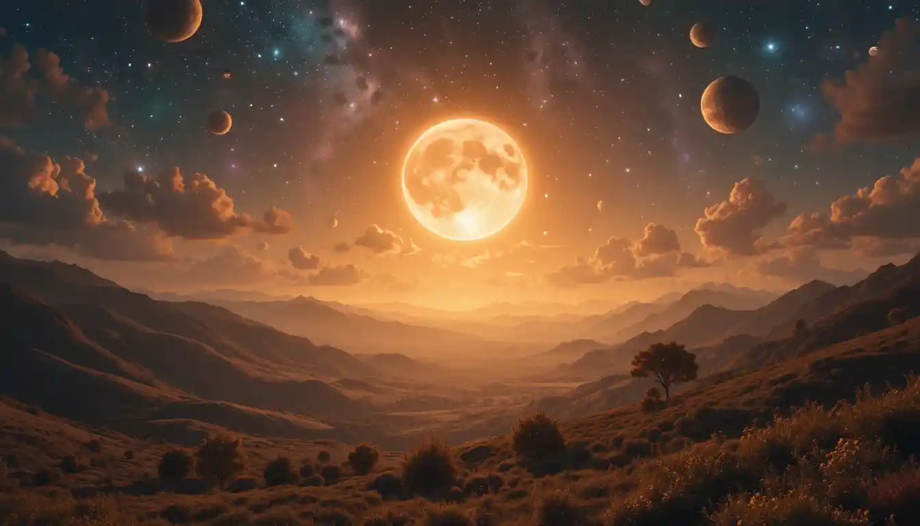 穏やかな渓谷に輝く月と惑星