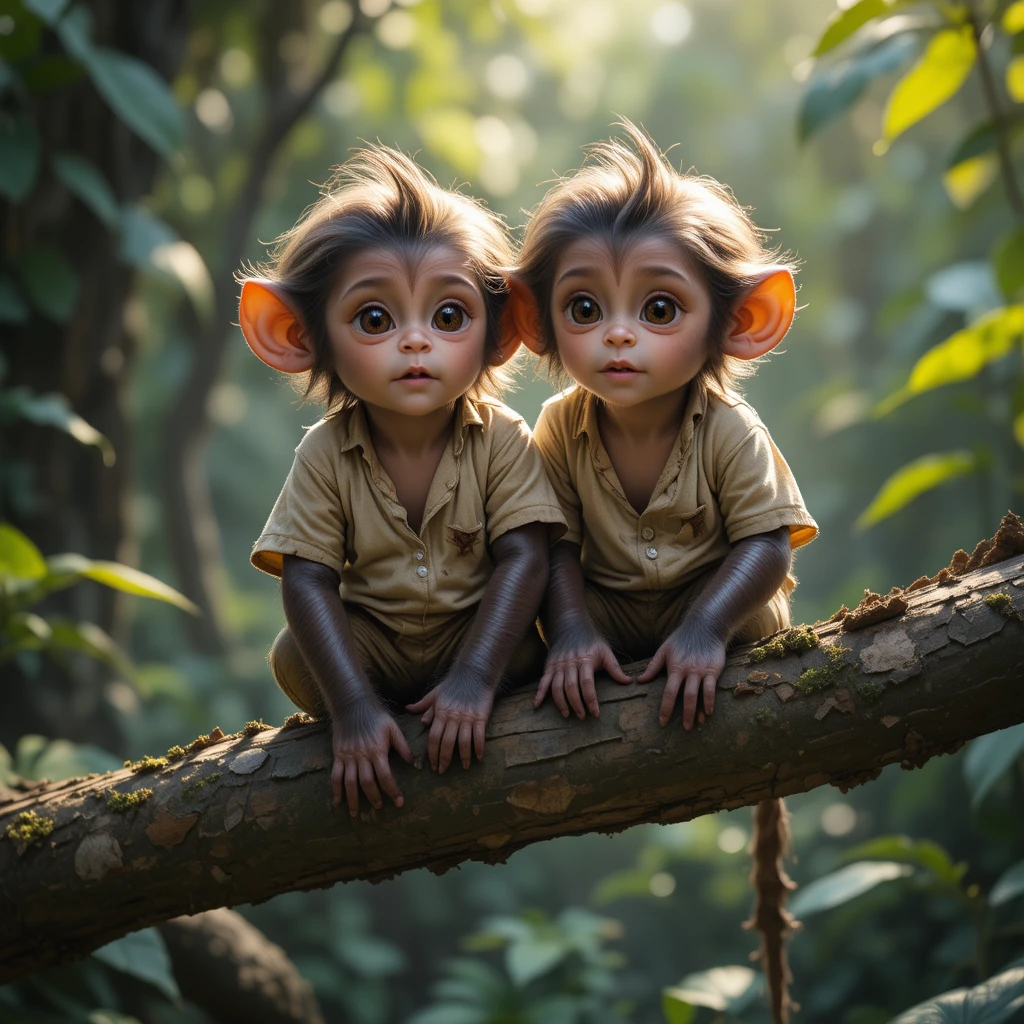 Dos monos bebé con ropa rota en una rama de la jungla