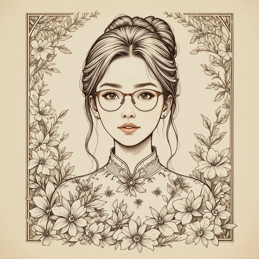 Sepia portrait of a gentle woman framed by foliage