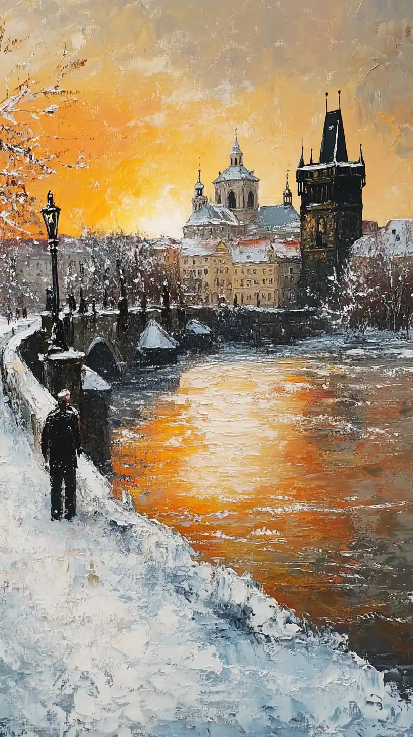 Primo piano invernale dal Ponte Carlo a Praga al tramonto
