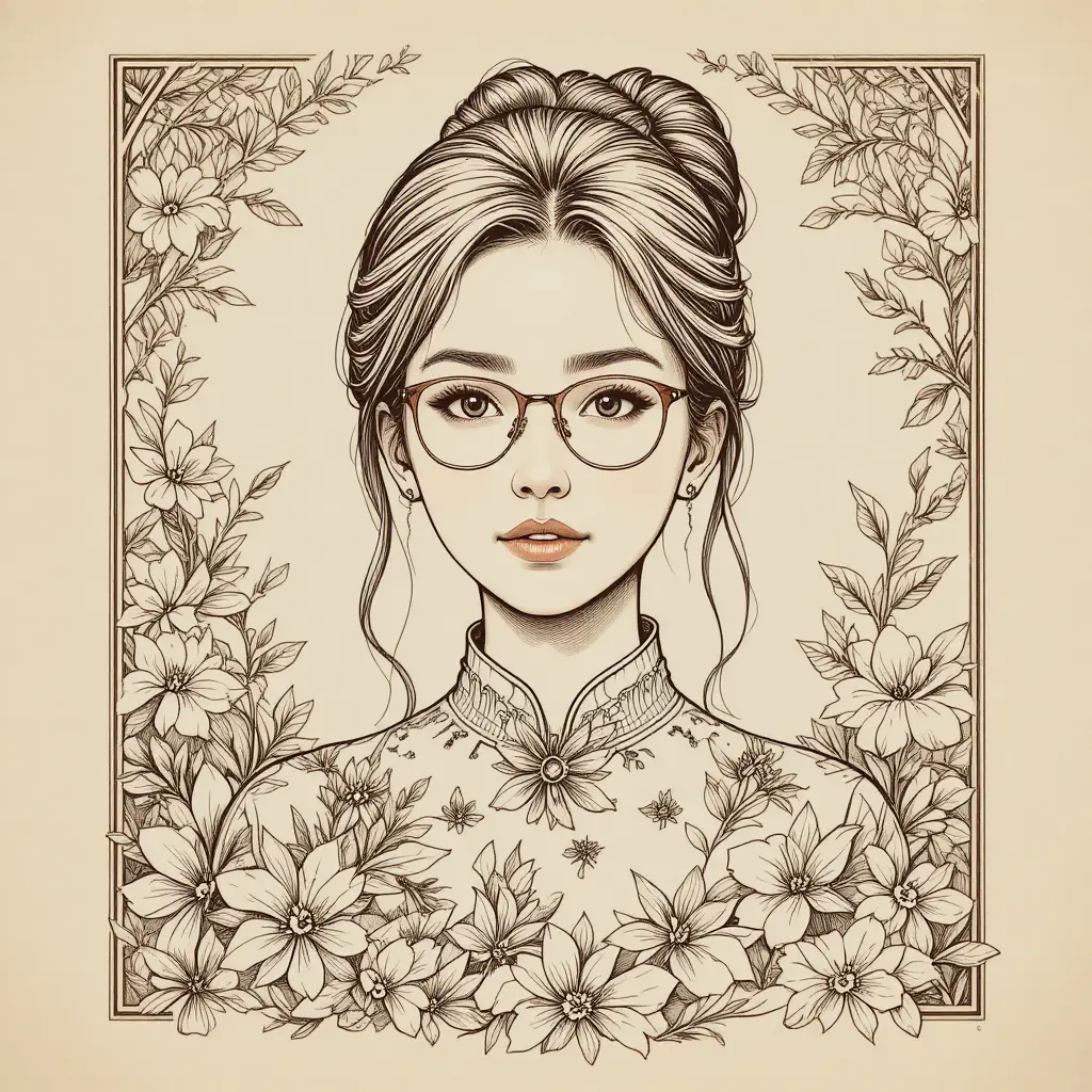 Sepia portrait of a gentle woman framed by foliage