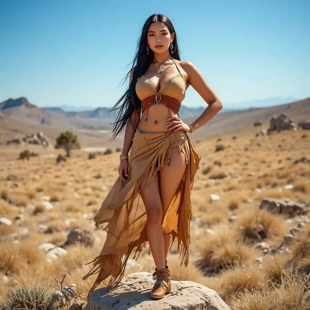 Confident Native American woman on a rocky sunlit ridge