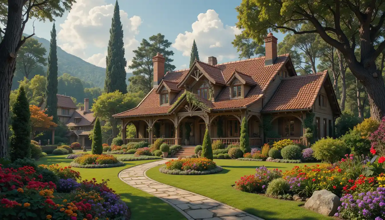 Rustic terracotta roof house surrounded by lush colorful gardens