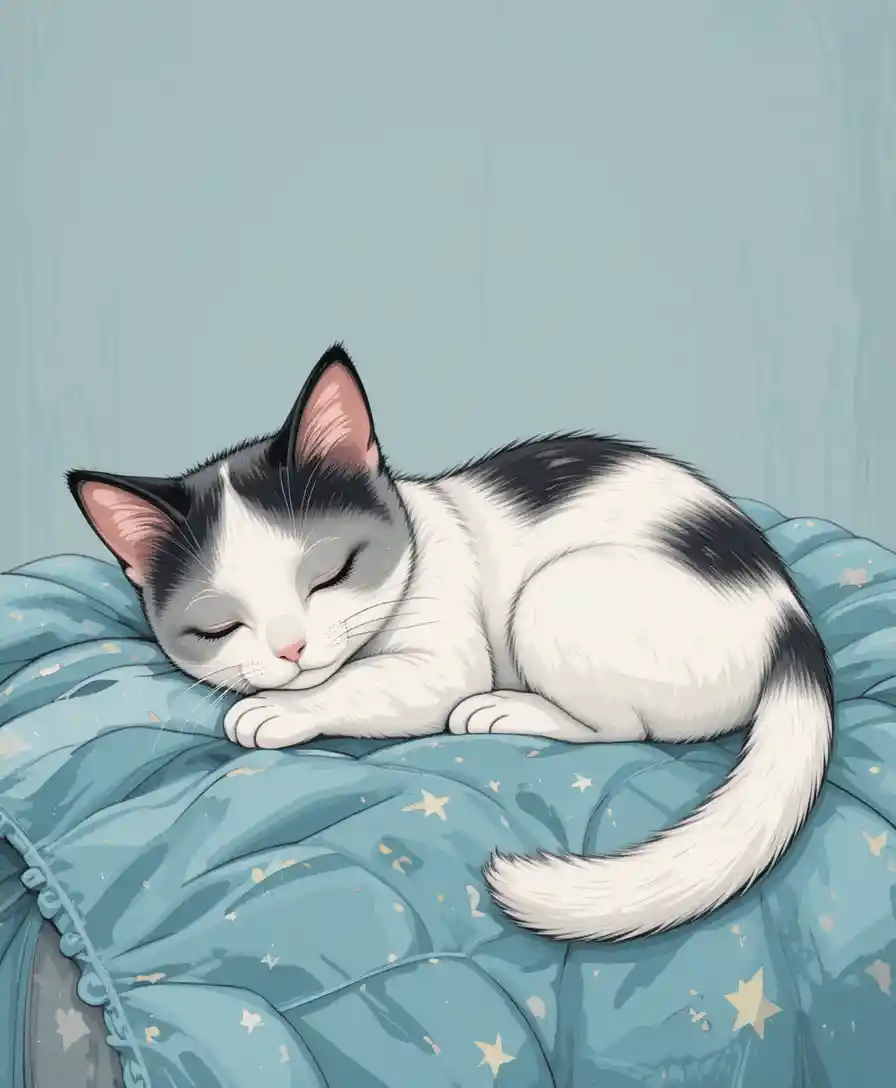 Adorable chat blanc aux oreilles noires dormant sur une couverture
