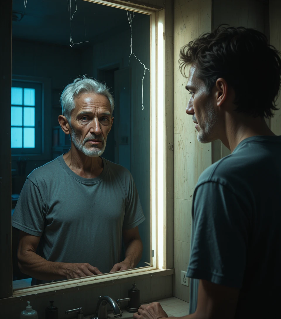 Young man facing his aged reflection in a dim bathroom mirror