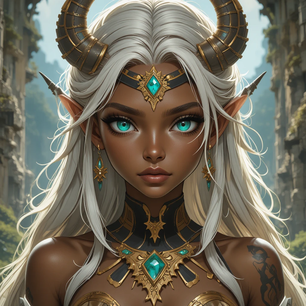 Giovane dea fantasy con occhi turchesi scuri e capelli bianchi