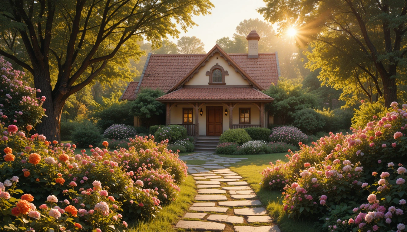 Cozy garden house with flowers in warm golden sunlight