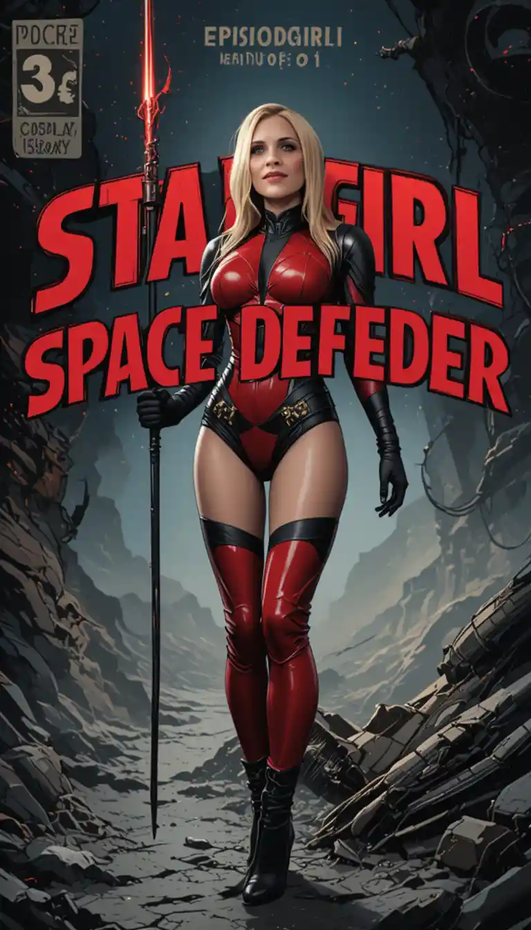 Blonde space heroine in red armor on crashed spaceship