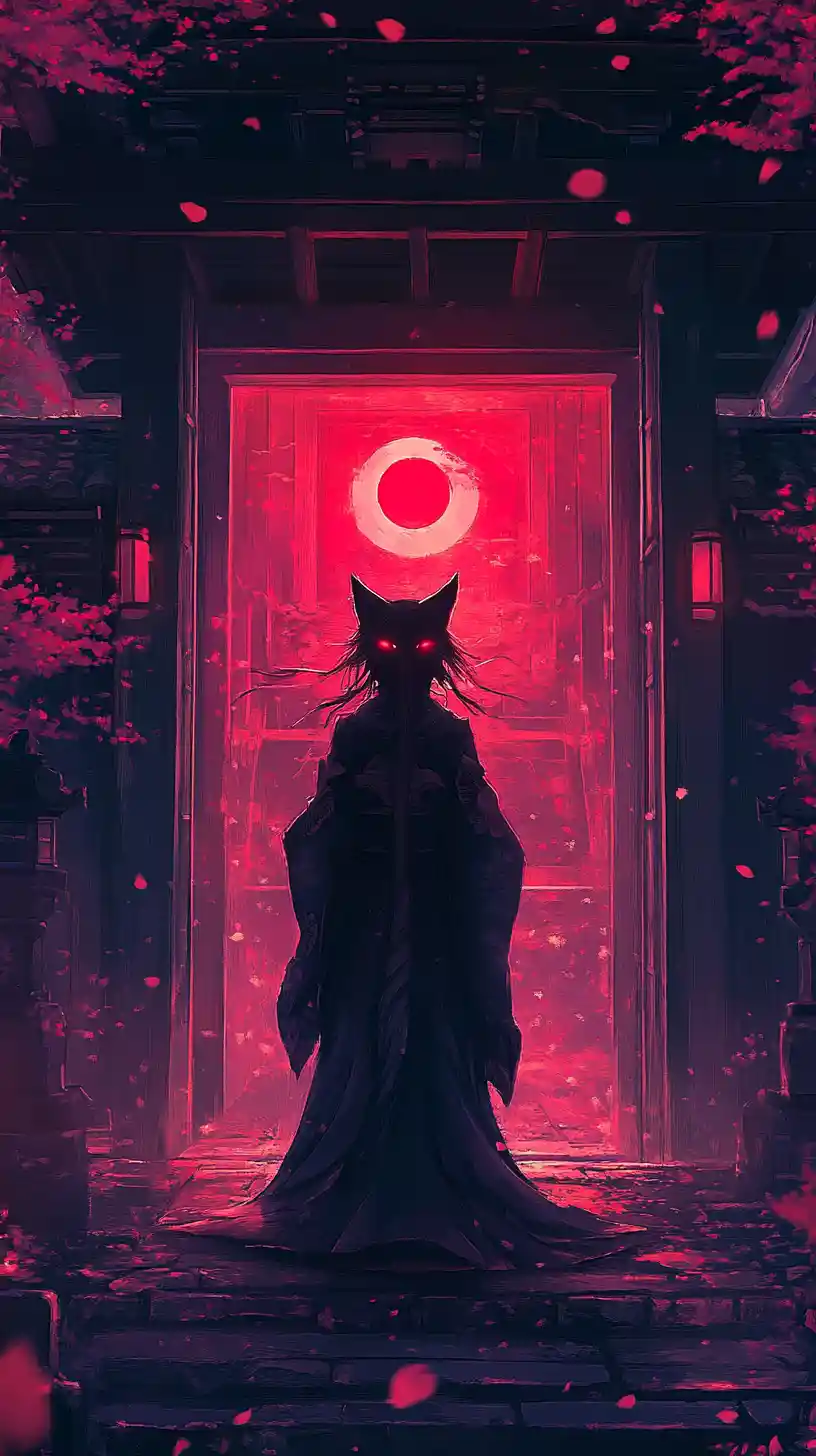 Kitsune-Geist im Kimono an einer alten Tempelpforte