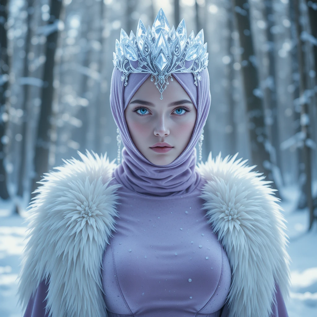 Mulher alta coroada de gelo em vestido lilás na floresta nevada