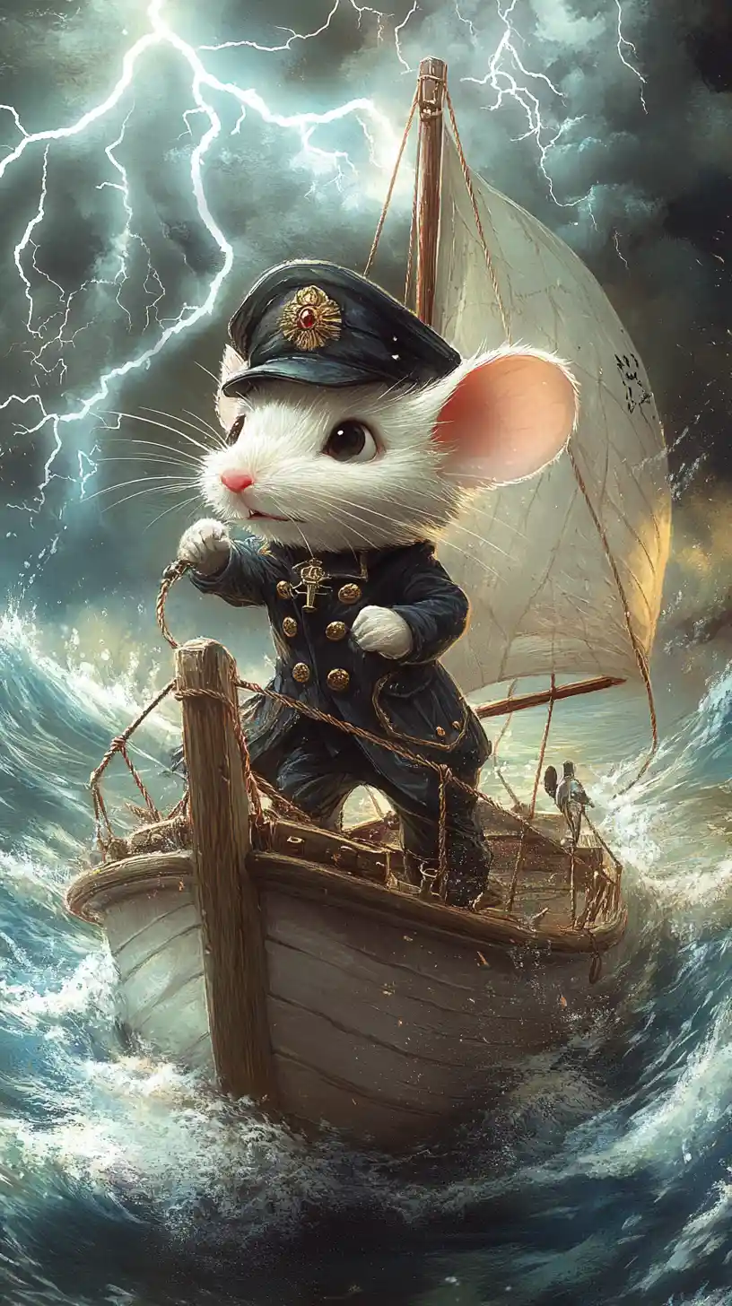 Brave mouse captain steering a sailboat through stormy waves