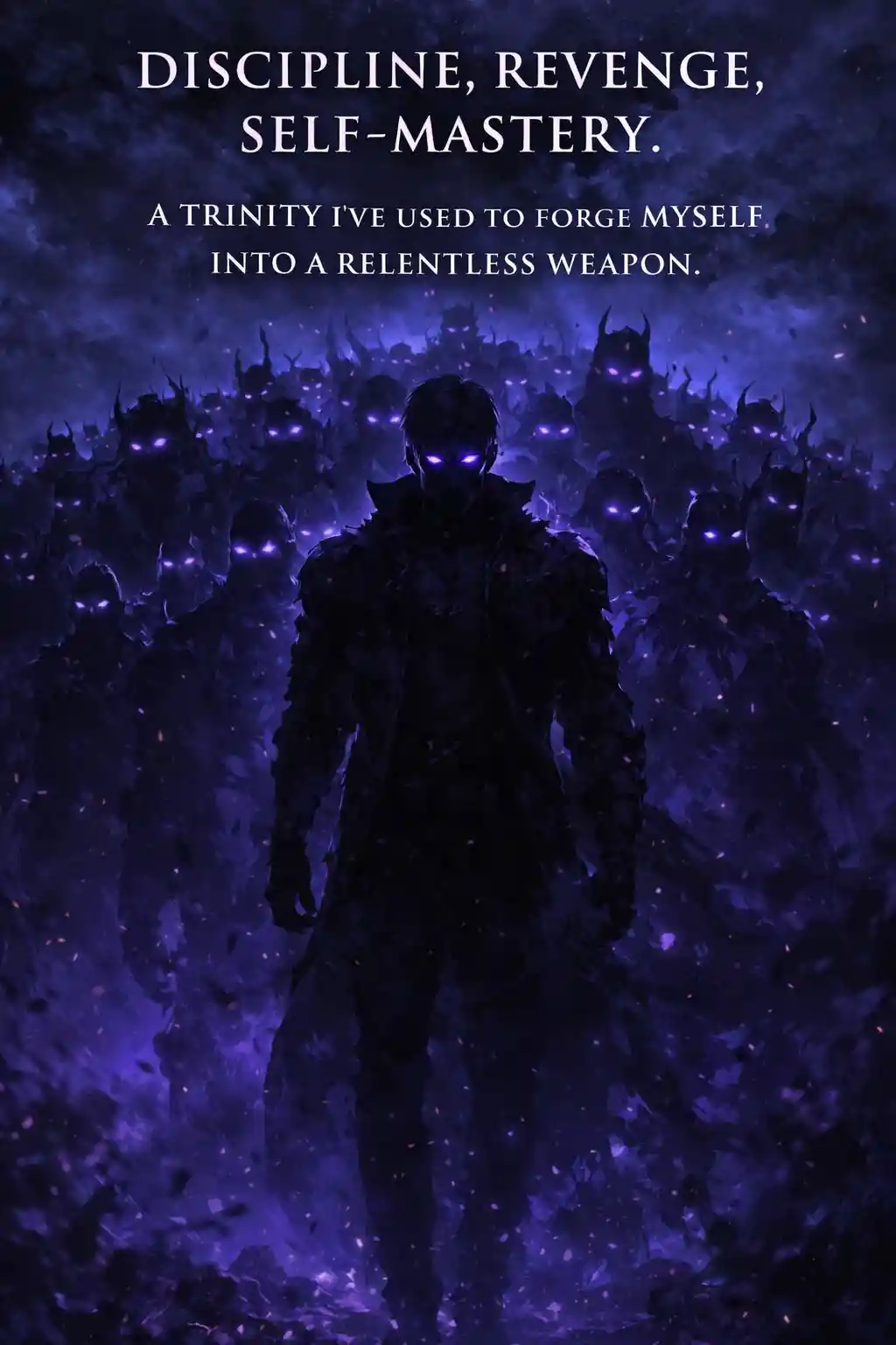 Lone man with glowing eyes leading a shadow army