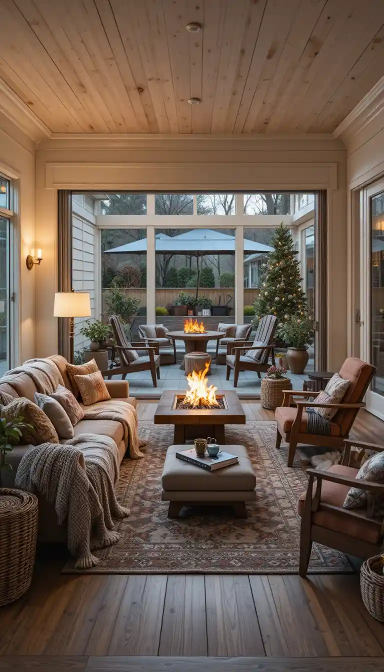 Cozy modern living room opening onto a warm firelit terrace