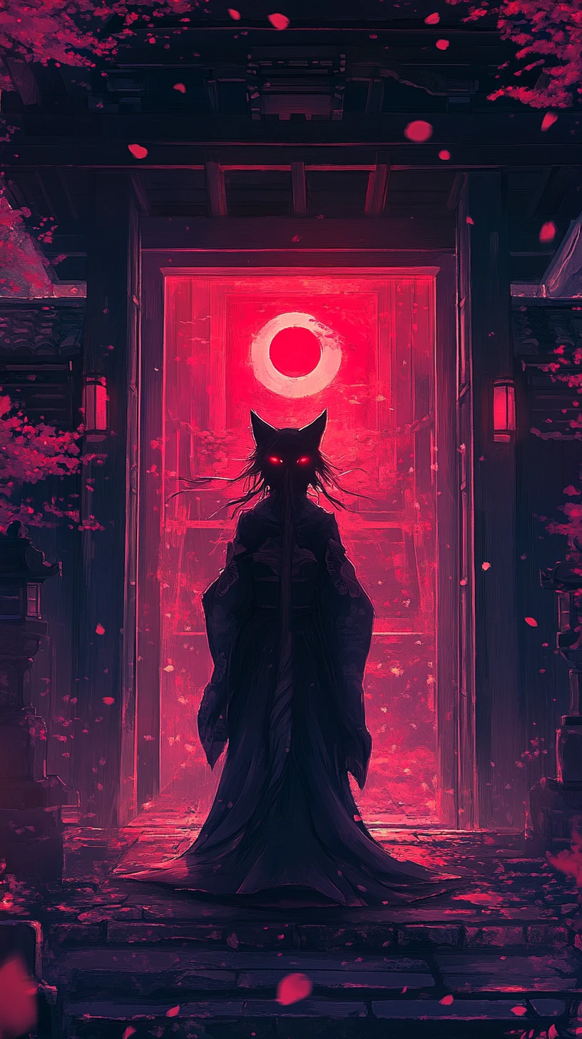 Kitsune-Geist im Kimono an einer alten Tempelpforte