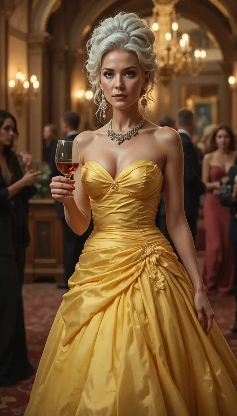 Elegant older woman in yellow gown walking through ballroom