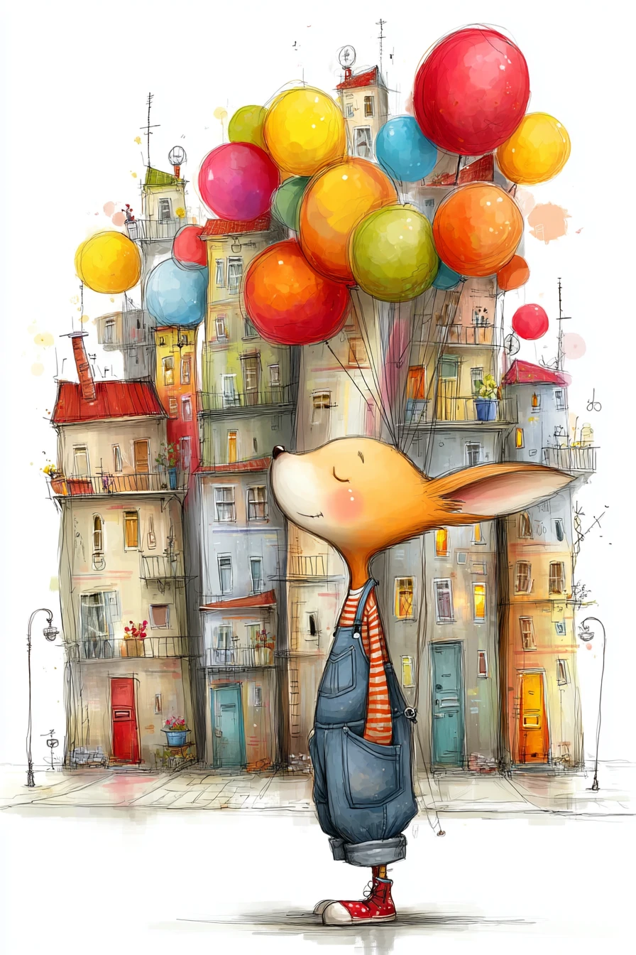 Cute fennec fox in denim overalls walking through city skyscrapers