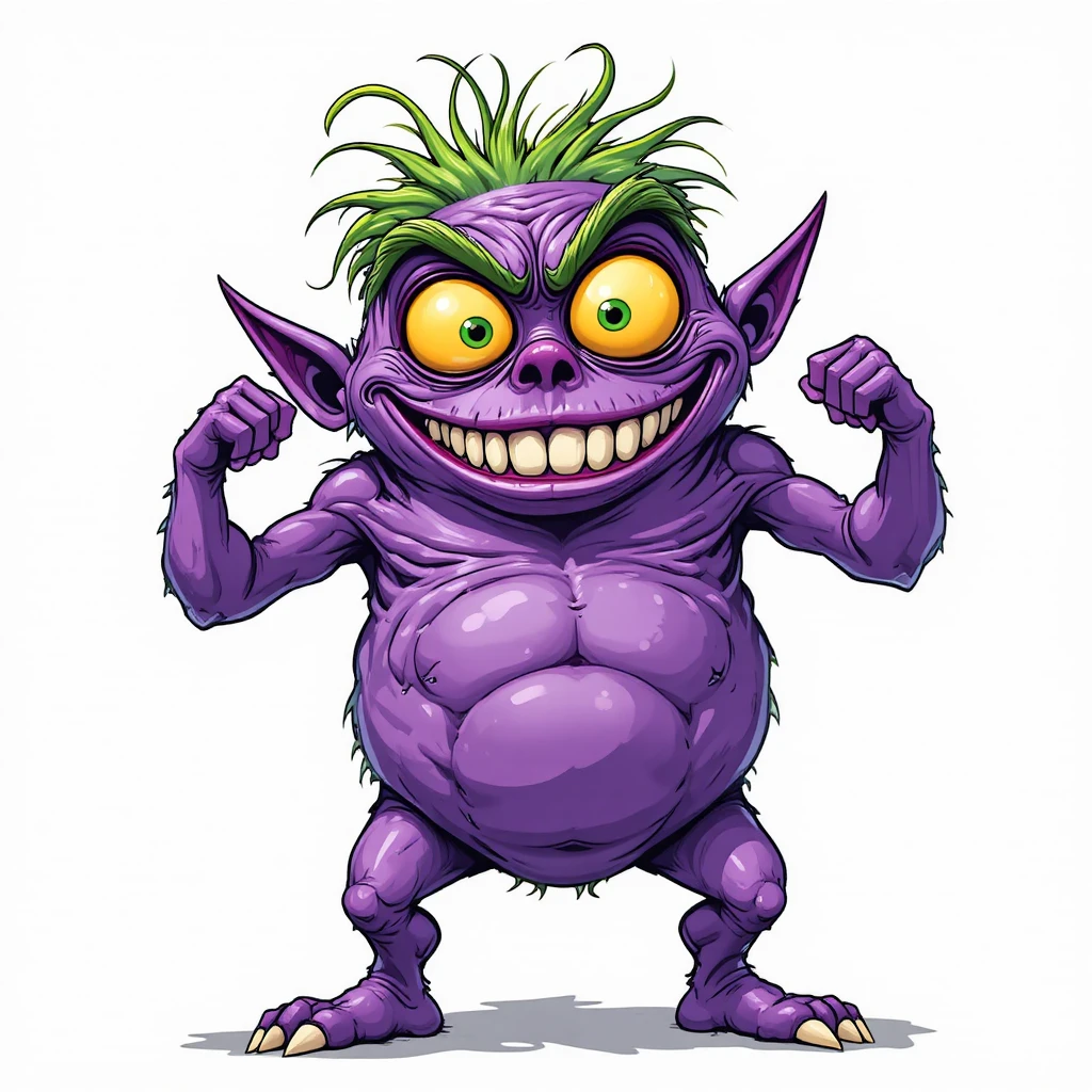 Goofy purple cartoon monster posing on white background