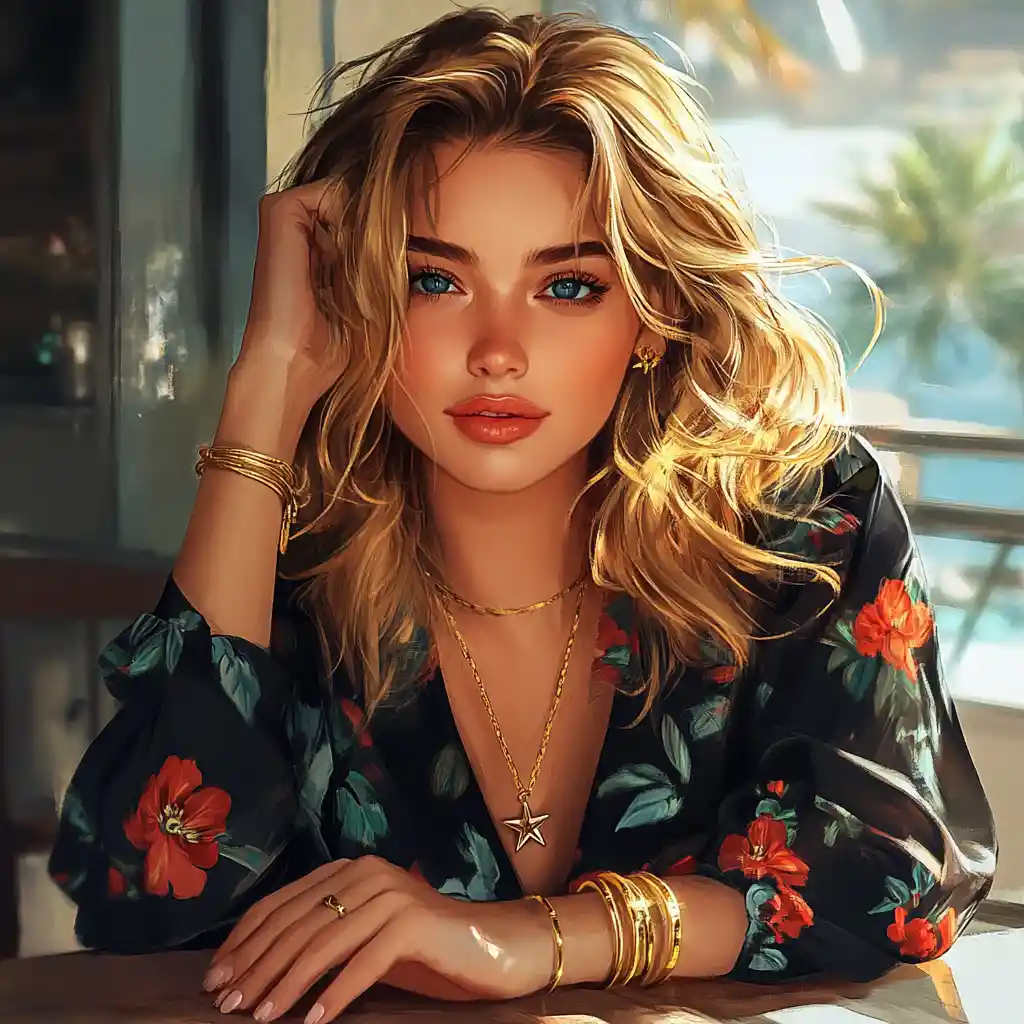 Young woman relaxing at a cafe by the sea