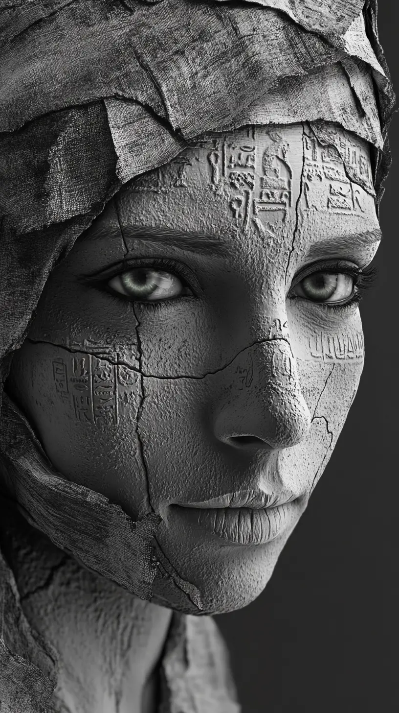 Mysterious Egyptian woman in bandages with emerald eyes