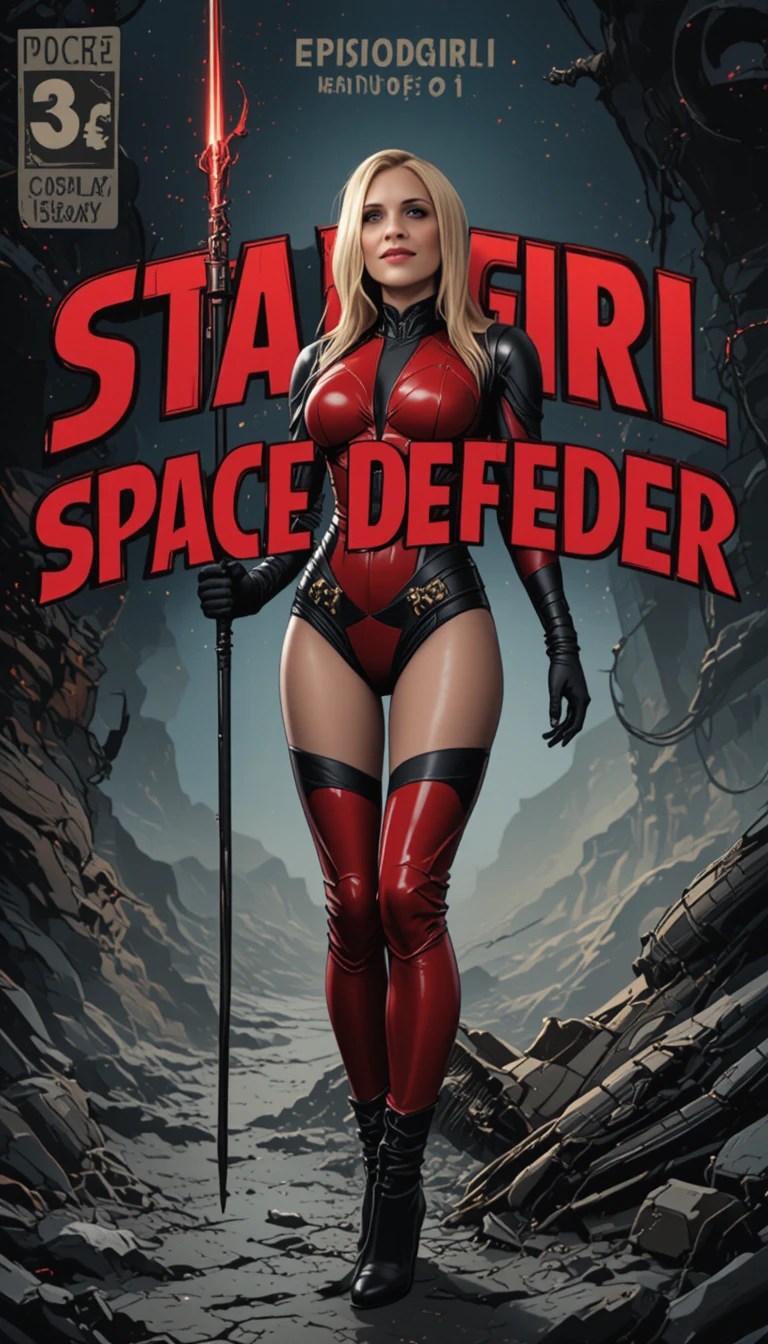 Blonde space heroine in red armor on crashed spaceship