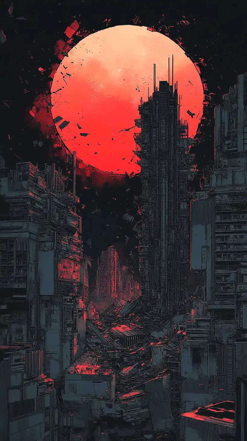 Crumbling dystopian megastructure against a blood red sun