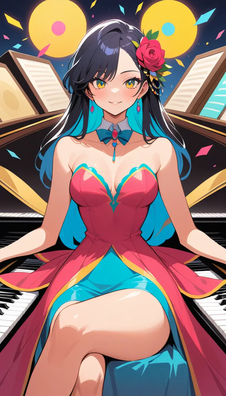 Elegant woman playing grand piano in a refined interior
