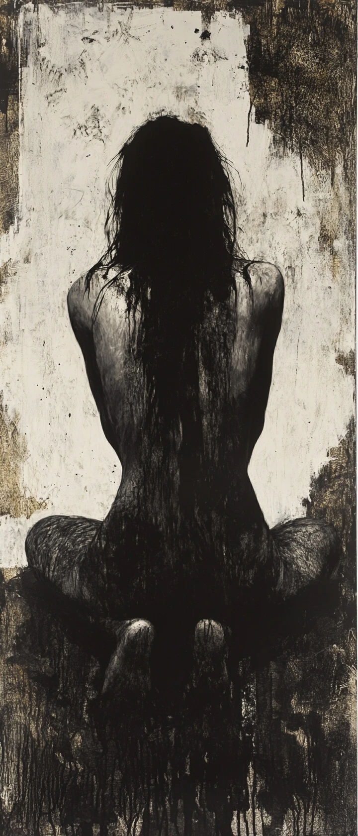Young woman on hands and knees in dark gothic painting