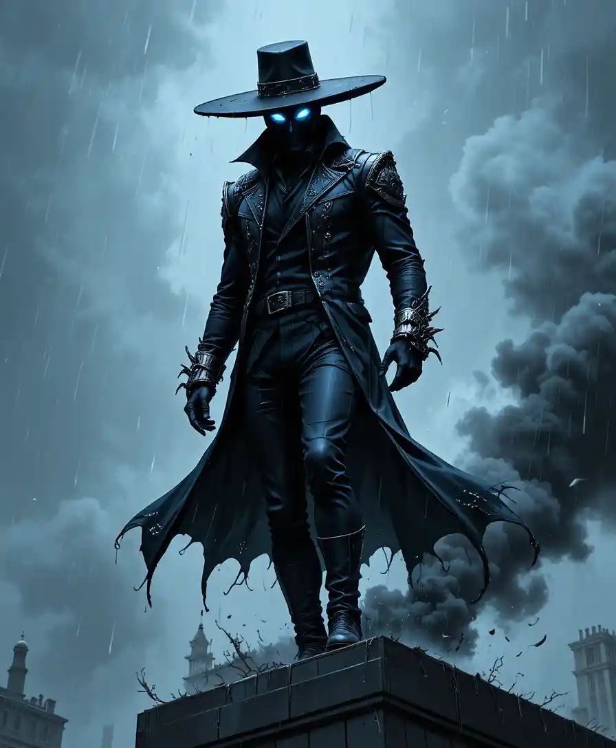 Shadowy wraith like man on a rainy city rooftop