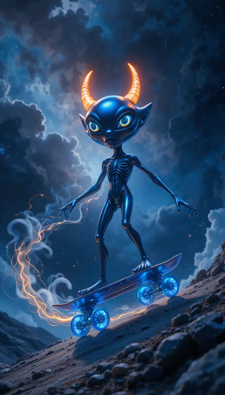 Alieno che scivola su uno skateboard luminoso nello spazio cosmico tranquillo