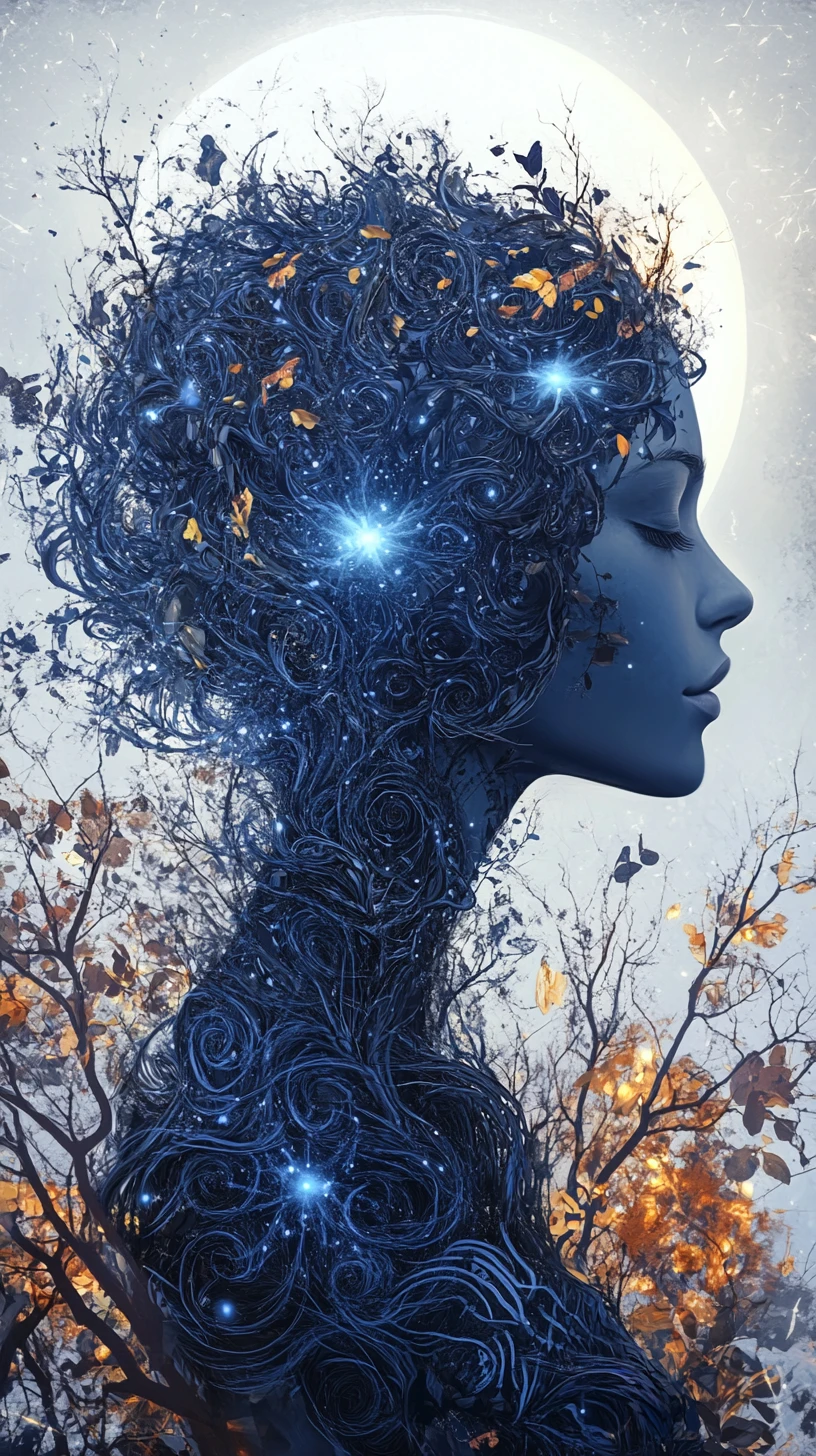 Ethereal floral woman in profile with glowing inner light