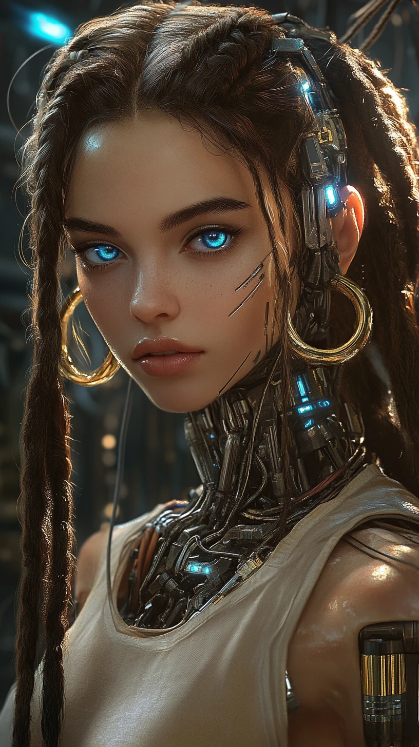 Cyborg woman with glowing implants in cyberpunk industrial scene