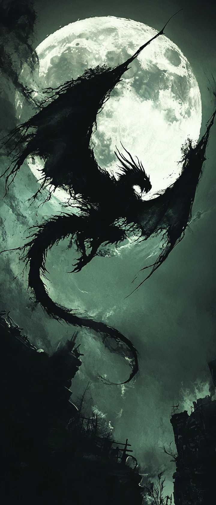 Gigantic dragon flying before a luminous full moon
