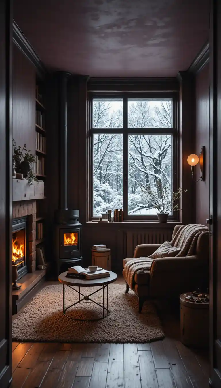 Piccolo e accogliente angolo lettura con stufa e vista sulla neve