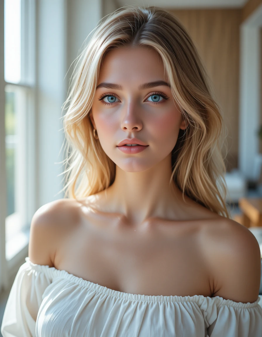Blonde young woman close up in soft natural interior light