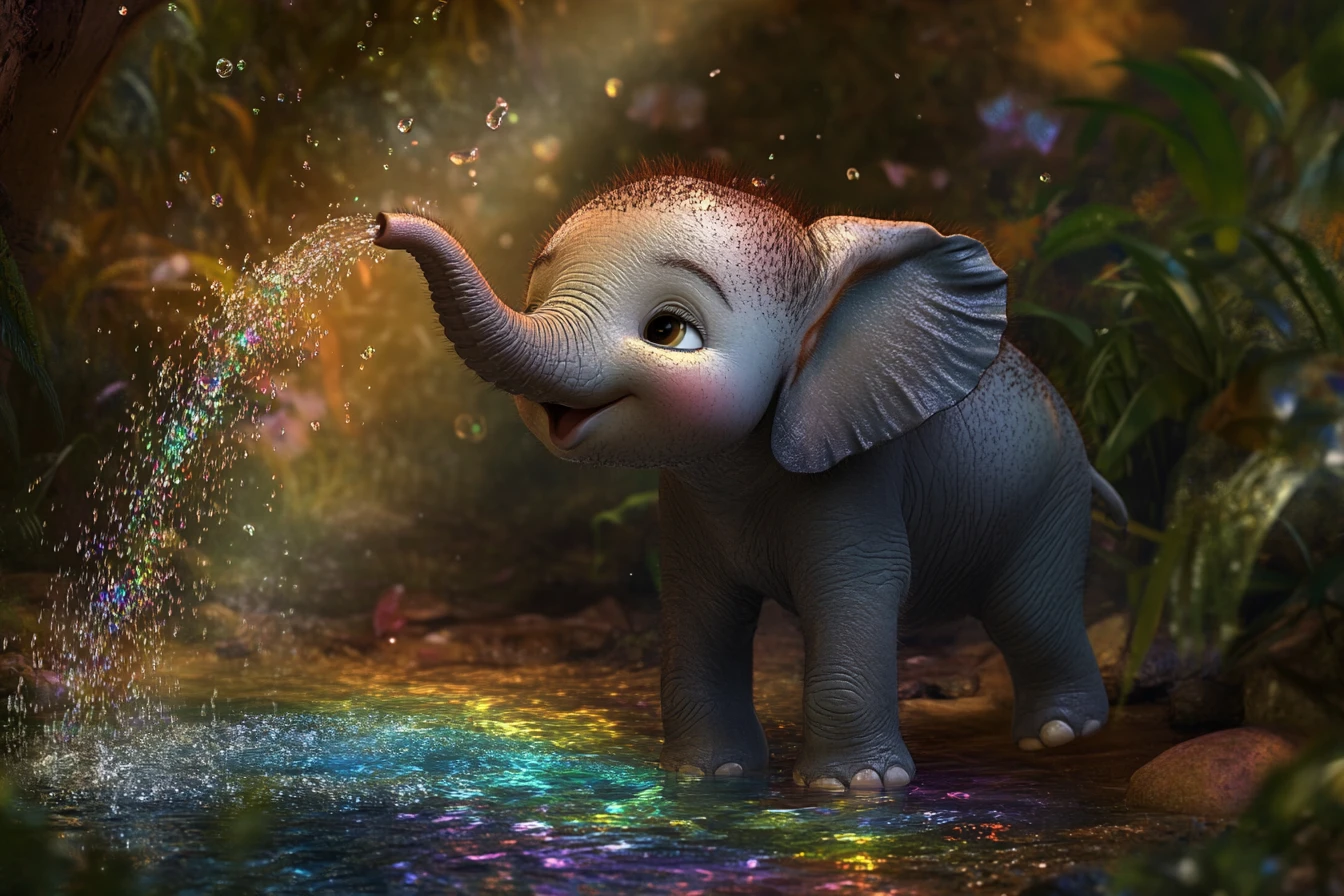 Filhote de elefante espirrando água em arco-íris em lagoa de selva enevoada