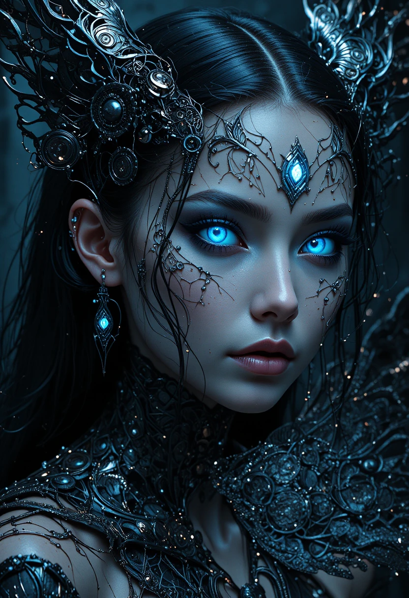 Dark seraphim woman with metallic techno angel wings