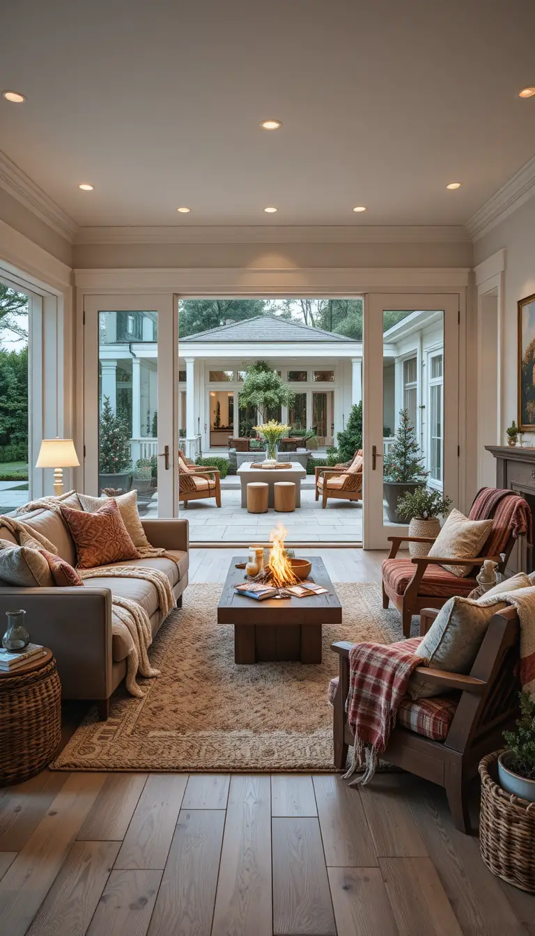 Cozy living room opening onto terrace with warm fire pit