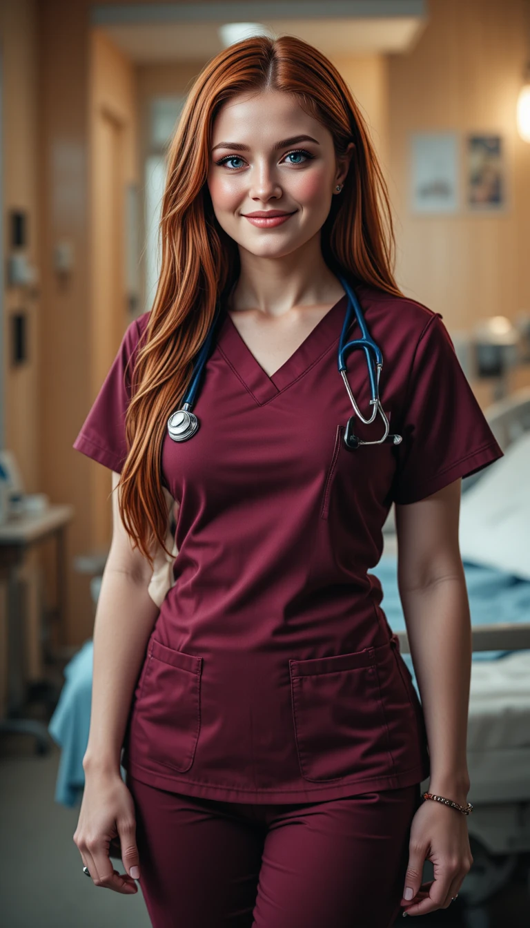 Smiling nurse in maroon scrubs in a hospital room