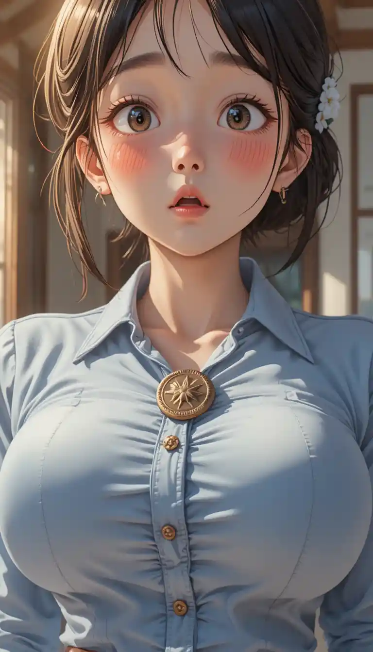 Humorous anime woman straining against a tight buttoned shirt