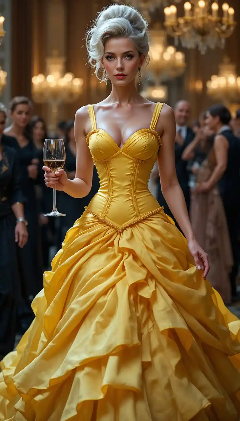 Elegant older woman in yellow gown walking through ballroom
