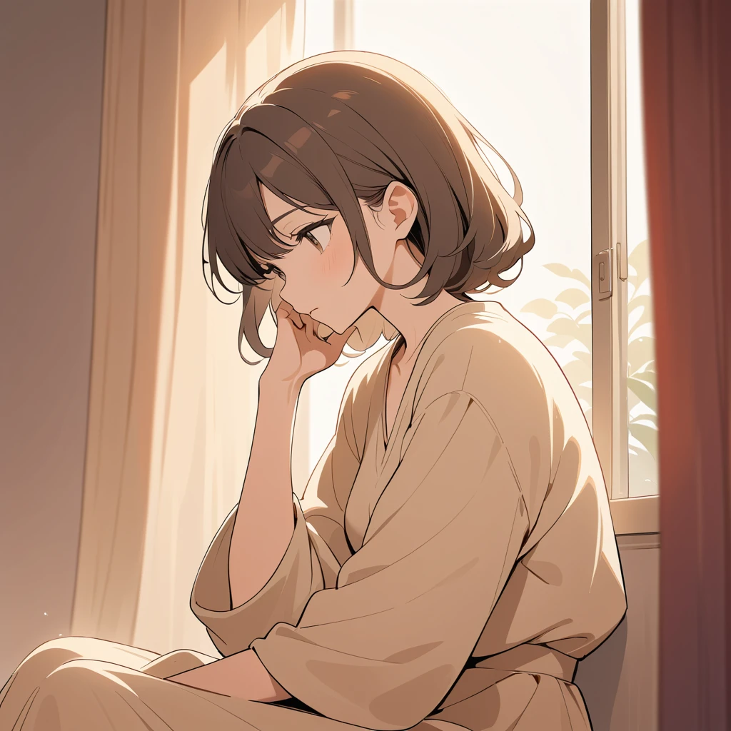 Woman sitting by a sunlit window in soft warm light
