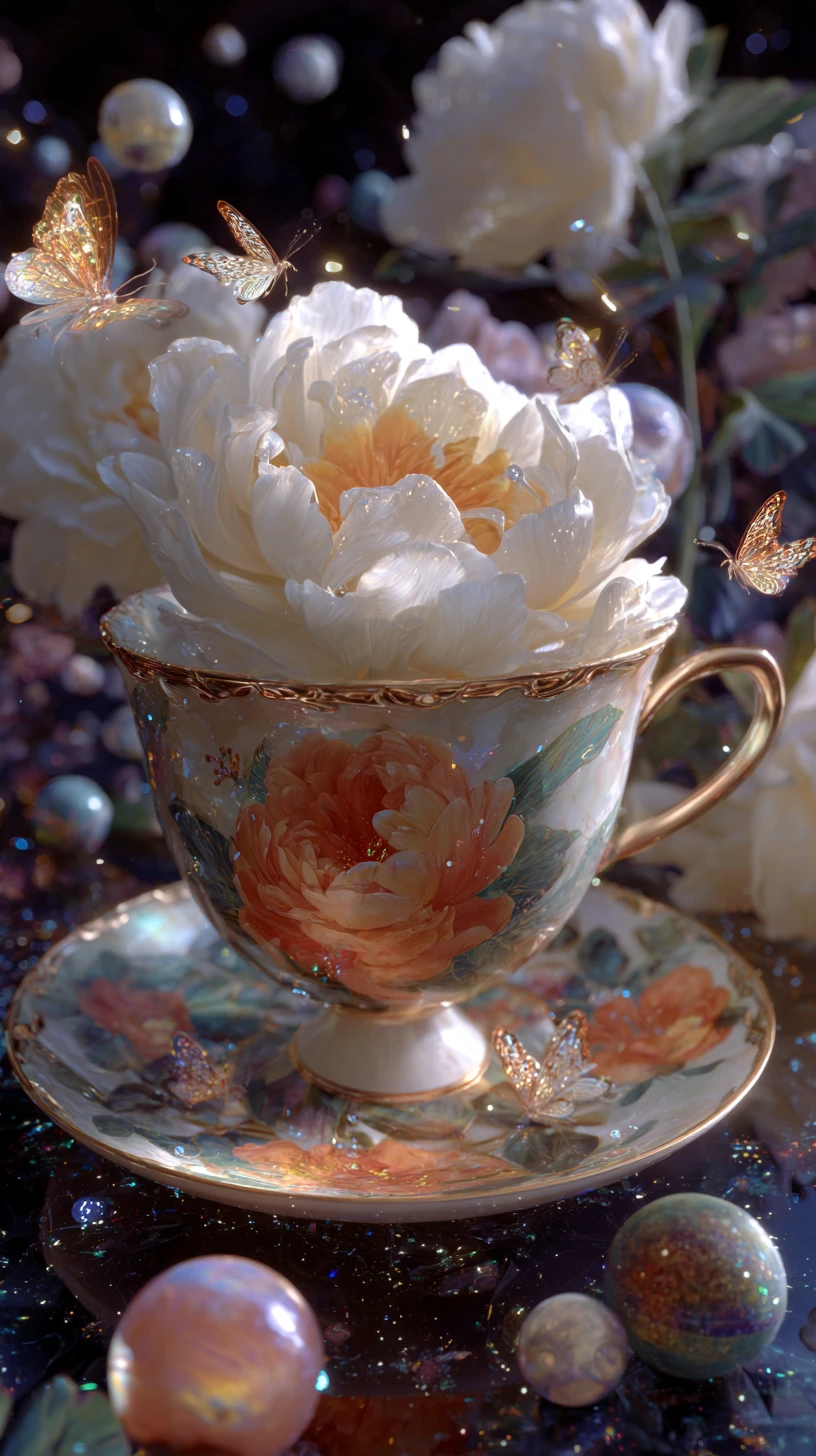 Close up of a porcelain teacup with blooming floral design