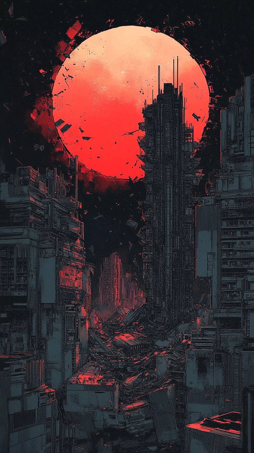Crumbling dystopian megastructure against a blood red sun