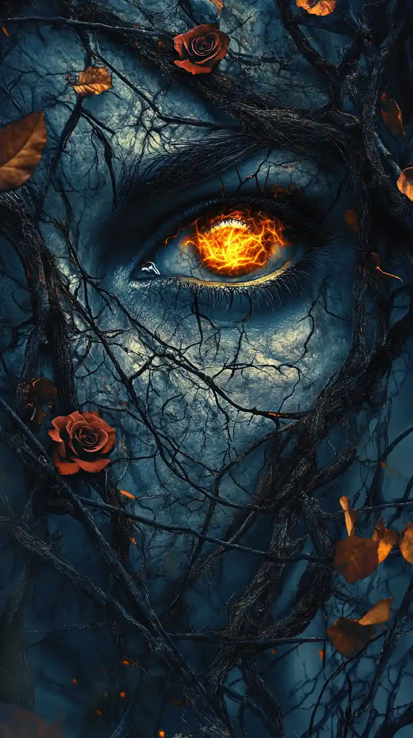 Haunting woman entwined in dark branches with fiery eye