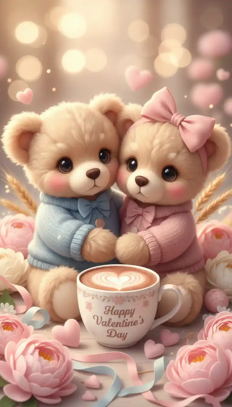Cute teddy bears with cocoa in pastel valentine scene