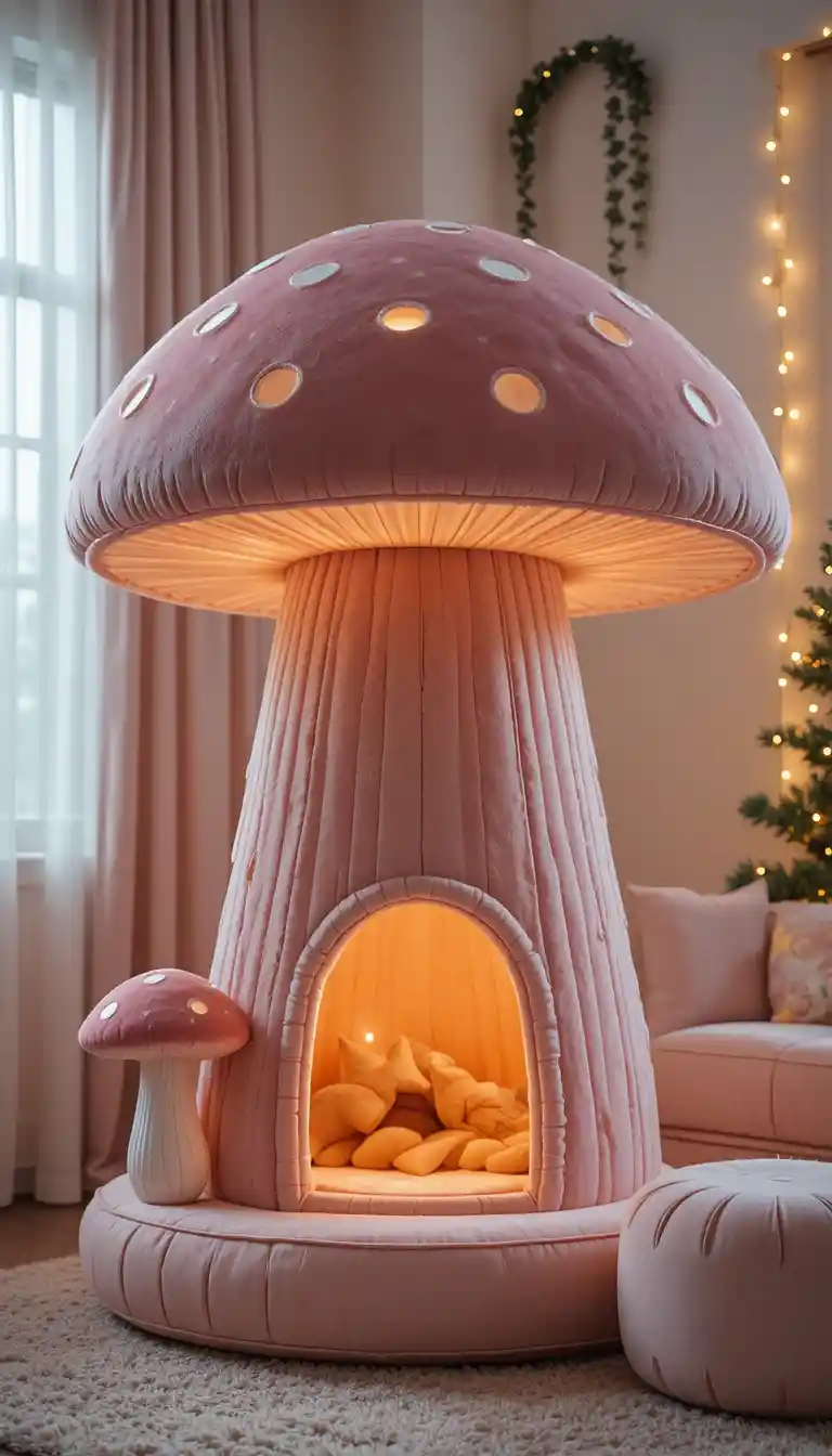 Cozy plush mushroom structure glowing in a pastel living room